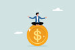 © NASIH - Financial behavioral awareness for wealth management, money and investment advisory concepts, smart entrepreneurs meditating and floating on a large gold dollar coin.