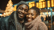 © Vertstyle - A joyful couple in an airport terminal with a brightly lit Christmas tree and departure arrival boards in the background