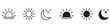 © Daishin - Time of the day icons showing morning sunrise, bright noon sun, evening sunset, and night moon with stars representing daily cycle, weather, astronomy, calendar, and environment concept