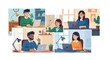 © Muhammad - Diverse team communicates via video conference call showing four remote employees working at home desks.