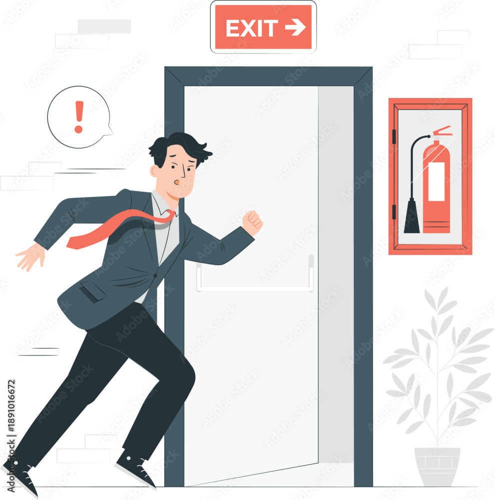 Man Rushing Out A Door Man in suit rushing out of a door with an exit sign during an emergency ...
