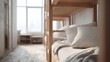 © CYBERPINK - Bedroom with a wooden bunk bed on the right side. the bed is made up with white linens and beige pillows. the bunk bed has a wooden frame and is placed against a white wall.