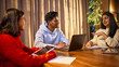 © master1305 - Coworkers discussing project together at table in modern office. Concept of team meeting, business communication, office collaboration, management process and corporate decision making.