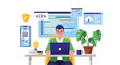 © Risje Kfhe - Person works at a laptop in an office, surrounded by coding icons, a CMS on a phone, a plant, books, and a coffee cup, conveying productivity.