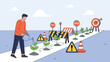 © Nur - Determined man watering small plants on a long path toward a target with various roadblocks and stop signs along the journey, depicting business hurdles.