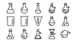© Mona - Vector Set of Chemistry Flask and Beaker Line Icons in a Minimalistic Style. Laboratory Glassware Collection for Science Research, Medical Experiments, and Chemical Education. Outline Web Symbols.