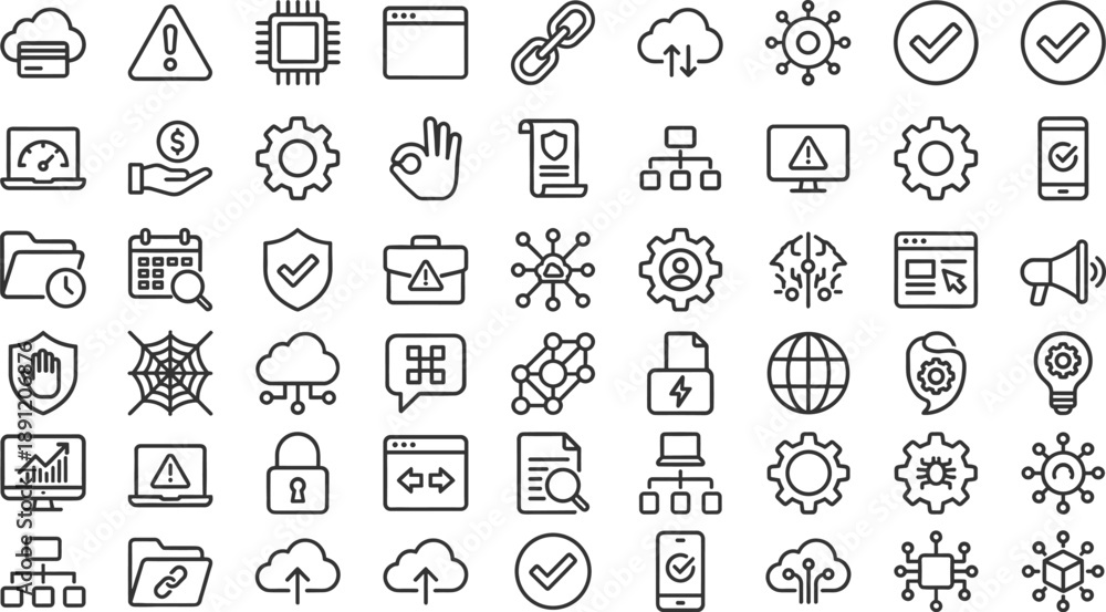 Minimal line technology icon set featuring cloud computing, security ...