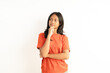 © Wayan - Portrait Indonesian Girl with Contemplative Expression and Thinking Pose Isolated on White Background