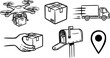 © PixelPaletteArt - Ink sketch delivery icons showing drone carrying parcel, hand holding box, moving truck, mailbox and map pin line art