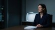 © AspctStyle - Serious executive businesswoman sitting late at night reviewing confidential documents in a modern corporate office with dark copy space for high-pressure leadership concept.