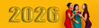 © Prostock-studio - Three friends gather together, holding glasses of drinks and smiling. They stand in front of a bright yellow background with the large number 2026 displayed. The scene shows celebration and joy.