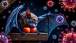 © Kannikar - bat resting under a roof, fruit in mouth, glowing medical hologram of virus cells, dark background