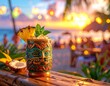 © Basma - Vibrant tiki cocktail with pineapple and mint on a bamboo bar at a tropical beach during a beautiful sunset.