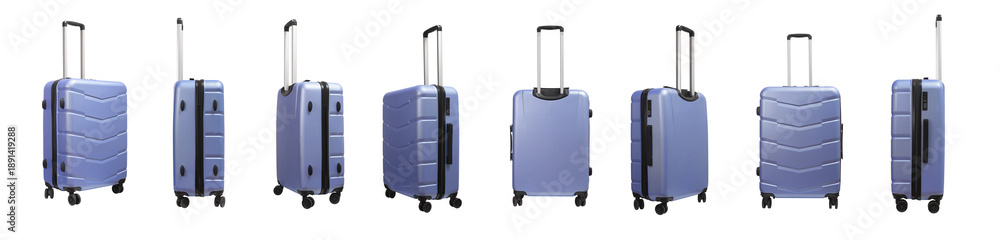 Wheeled luggage set isolated on white. Travel baggage, plastic carry-on with handles. Rolling