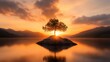© Larisa AI - A solitary tree stands on an island at sunset, reflecting profound solitude and resilience amidst breathtaking natural beauty, capturing a serene moment in nature's embrace.