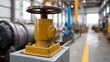 © Thares2020 - Detailed view of a sturdy yellow industrial valve with a control wheel positioned in the foreground of a modern manufacturing facility