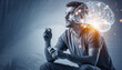 © Ai Stock Lab - Smart caucasian man holding supplement bottle looking thoughtful while glowing digital brain illustrates cognitive enhancement and memory improvement concept for student mental health care