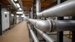 © Thares2020 - Close up of metallic pipes in a factory corridor with industrial lighting