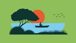 © Ayan - Fisherman in boat silhouette on tranquil lake, large tree, sunset, birds, serene outdoor nature scene