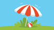 © Ayan - Striped beach umbrella shading green grass with beach ball under clear blue sky, leisure activity