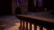 © icetray - The view from a rustic balcony reveals a cobblestone street bathed in warm evening light. Purples and greens from hanging plants add charm to the tranquil surroundings.