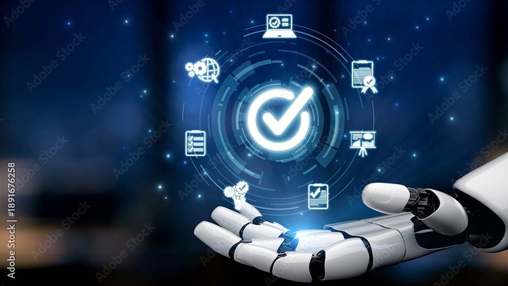 Virtual Quality Illustration Stock AI ensures product quality using artificial ...