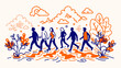 © Imran - Diverse team walking together in growth journey with nature elements and success symbols illustration