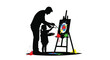 © Kashan - A father and child create art together on an easel with colorful paints.