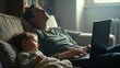 © Metabit Ai - Exhausted parent dad working on a laptop while a toddler naps on a couch