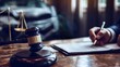© Oleh - Legal professional reviewing an insurance claim after a car crash, signing paperwork on a wooden desk with gavel and scales of justice symbolizing liability and settlement