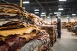 © spyrakot - Wide View of Leather Sourcing Area with Worker Organizing Hides