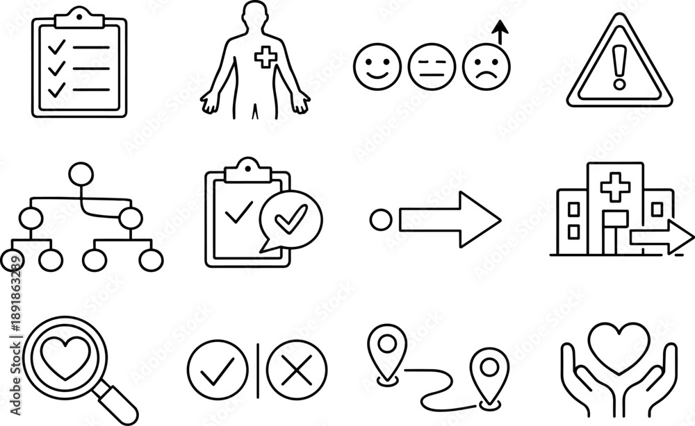 Symmetrical Icon Grid. Line style of emergency symptom checker icons ...