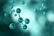 © alones - Cinematic 3D render of teal glass molecules with realistic water bubbles inside. Abstract scientific background with bokeh depth of field, representing biotechnology, dark chemistry
