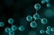 © alones - High-quality 3D render of a tetrahedral molecular structure. Teal glass atoms with internal bubbles and bokeh background, perfect for chemistry, physics, and laboratory research themes.