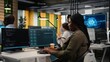 © DC Studio - Programmer solving tasks with AI LLM chatbot answering prompts using predictive technology. Startup company worker using computer to interact with large language model program, camera A