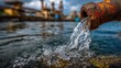 © scaliger - Rusty industrial pipe discharging water flow. Waste water pollution from factory plant with blurred background