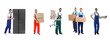 © New Africa - Mover service workers with different household items and boxes. Collage of men on white background