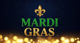 Mardi Gras text with gold fleur de lis on dark blue background with bokeh lights