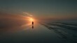 © 楠 刘 - Man walking slowly toward a misty surreal horizon with golden sunlight, glowing halo, reflective ground, ethereal particles and volumetric light, cinematic long shot in hyper-realistic 8K detail.