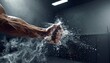 © baasith88 - Close-up of a muscular athlete's arm and fist clenching white chalk powder with a dramatic explosion effect in a moody fitness center.