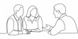 © Milton - Continuous line drawing of three people in a meeting or discussion