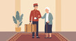 © Wealthy_7CupPig - Bellboy Assisting Elderly GuestA flat vector illustration of a bellboy helping an elderly guest with luggage. Gentle and respectful interaction. Flat vector style, caring hospitality tone.