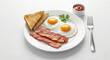 © Jirawat - Classic American breakfast with sunny side up fried eggs, crispy bacon strips and toast on white plate.