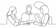 © Bivuti - Continuous line drawing of three people in a conversational setting