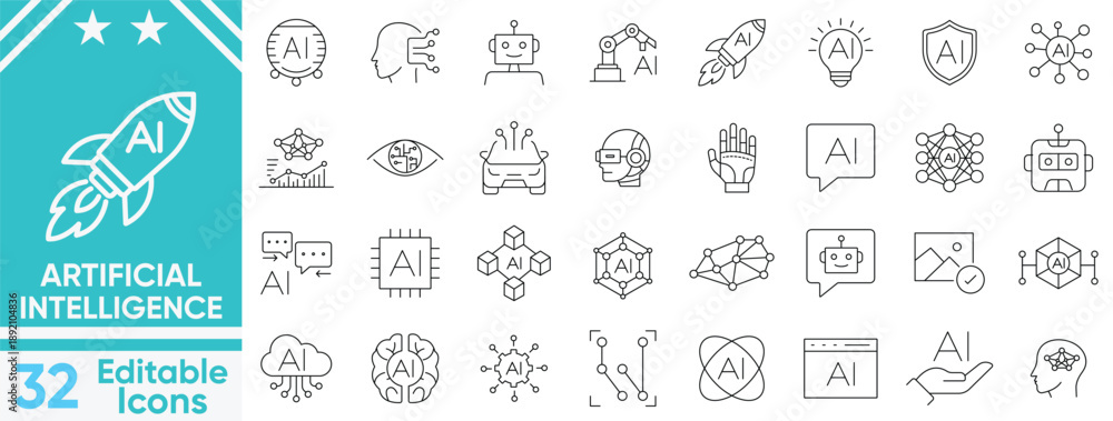 Artificial intelligence icon set.Virtual agent, neural brain, automation bot, decision engine, digital helper, AI, artificial intelligence and more.Vector and illustrator set.