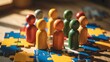 © Farhat - Colorful wooden game pieces stand together on a scattered jigsaw puzzle representing teamwork and community