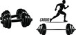 © Sagheer - Black and white graphic design collection featuring silhouette icons of dumbbells barbell and a running athlete promoting intense cardio and strength training workouts