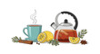 © Bartosz - Cozy tea scene featuring a glass teapot and a turquoise cup filled with hot tea, lemons, cinnamon sticks, and star anise.