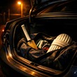 © AH - A cricket gear bag open in the trunk of a car with a bat and pads visible under a parking lot streetlight at night
