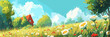 © laurence - Panoramic cartoon vector illustration of a sunny Nordic summer landscape. A lush green meadow filled with blooming white daisies and wildflowers leads to a rustic red wooden cabin under a bright blue